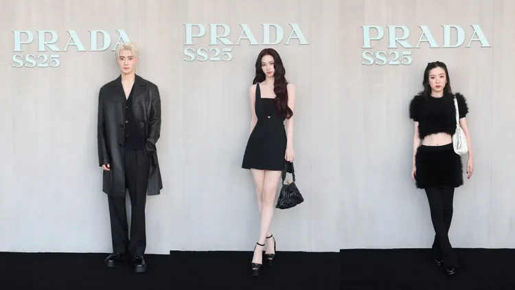 NCT成員Jaehyun（左起）、韓星Karina、日本女星永野芽郁現身PRADA秀場。品牌提供

