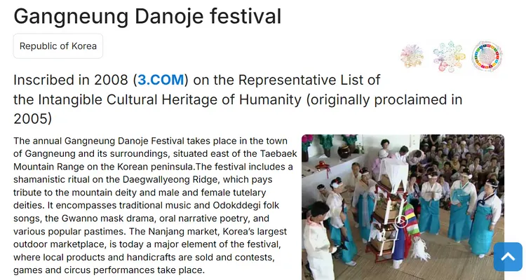 南韓「江陵端午祭」於2008年獲聯合國正式登錄為非物質文化遺產。翻攝聯合國教科文組織官網
