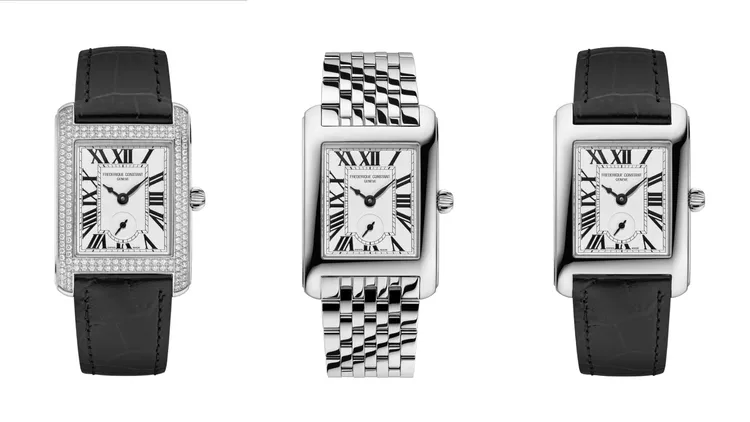 康斯登Classics Carrée Small Seconds百年典雅方形小秒針腕錶，全密鑲鑽石款（左起）14萬9000元、100%精鋼款3萬9800元、精鋼搭配皮錶帶款3萬5800元。品牌提供
