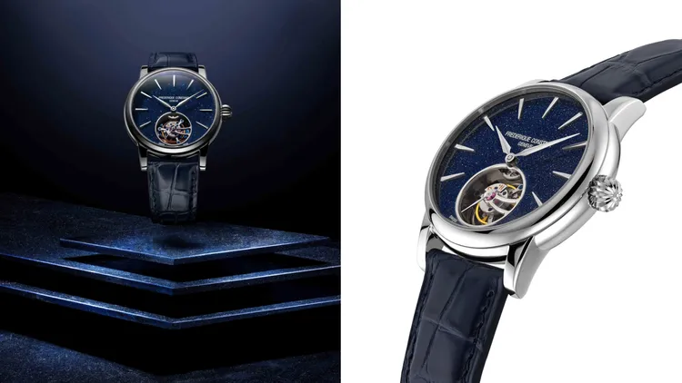 康斯登百年典雅陀飛輪自製機芯腕錶，39mm，拋光18K白金3件式錶殼，藍色aventurine錶盤，海軍藍鱷魚皮錶帶，FC-980-4自製自動上鍊機芯，動力儲存38小時，防水深度30米，價格店洽。品牌提供