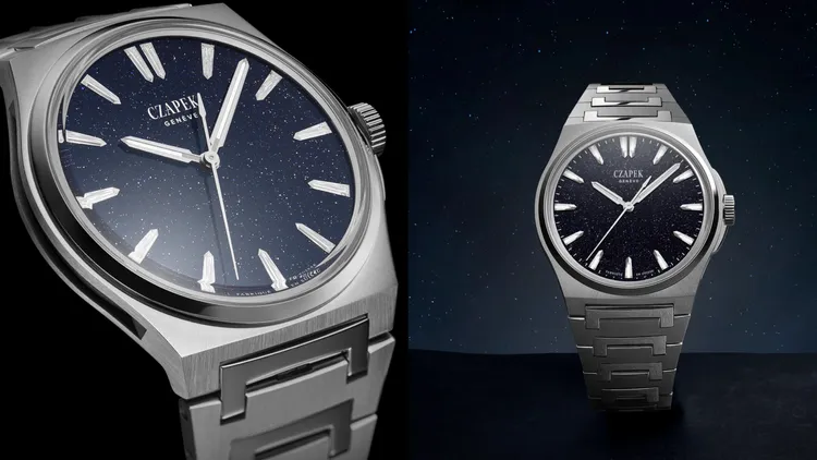 Czapek Antarctique Polar Sky腕錶，精鋼錶殼，深藍色砂金石玻璃錶盤，精鋼錶鍊，SXH5 Czapek自研自動上鏈機械機芯，動力儲存60小時，防水深度120米，40.5mm限量99只，38.5mm限量77只，各110萬元。品牌提供