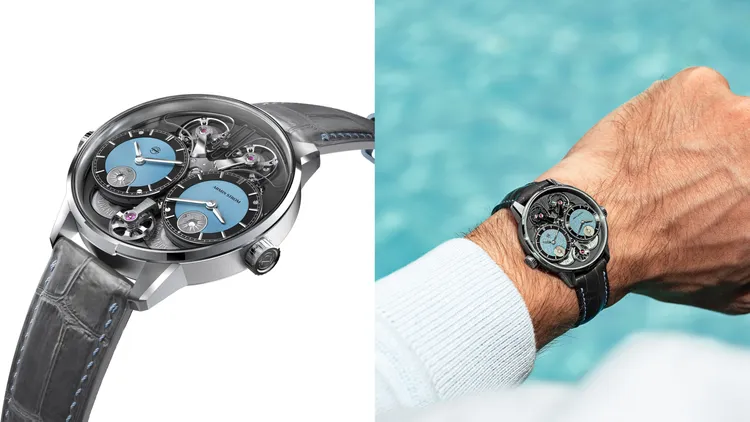 ARMIN STROM Dual Time GMT Resonance腕錶，39mm，18K白金錶殼，天藍色grenage錶盤，天藍色縫線啞光灰色鱷魚皮錶帶+珍珠灰色縫線淺灰色鱷魚皮錶帶，Armin Strom自製ARF22機芯，動力儲存42小時，防水深度50米，限量25只，485萬元。品牌提供