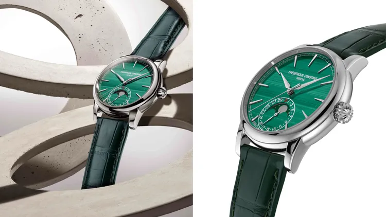 康斯登Classic Moonphase Date Manufacture百年典雅月相日曆自製機芯腕錶，40mm，拋光18K白金3件式錶殼，綠色孔雀石錶盤，深綠色鱷魚皮錶帶，FC-716自製自動上鍊機芯，動力儲存72小時，防水深度30米，限量36只，118萬8000元。品牌提供