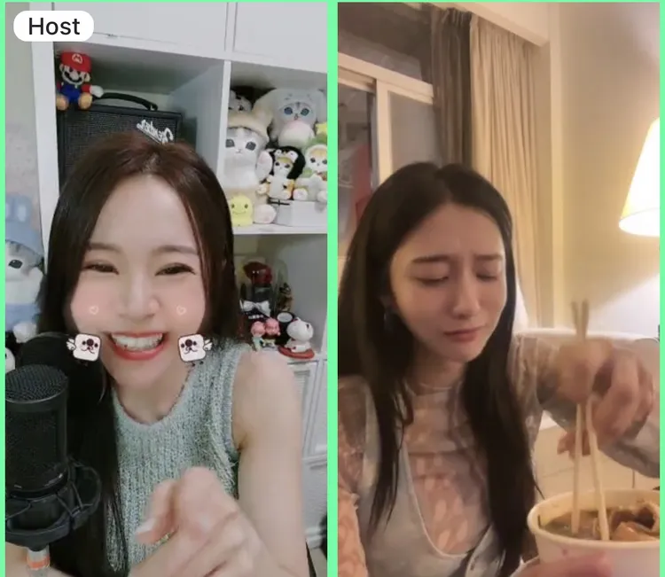 崔呈媛（右）聞到鴨血臭豆腐味道，臉上出現扭曲的表情。17LIVE提供