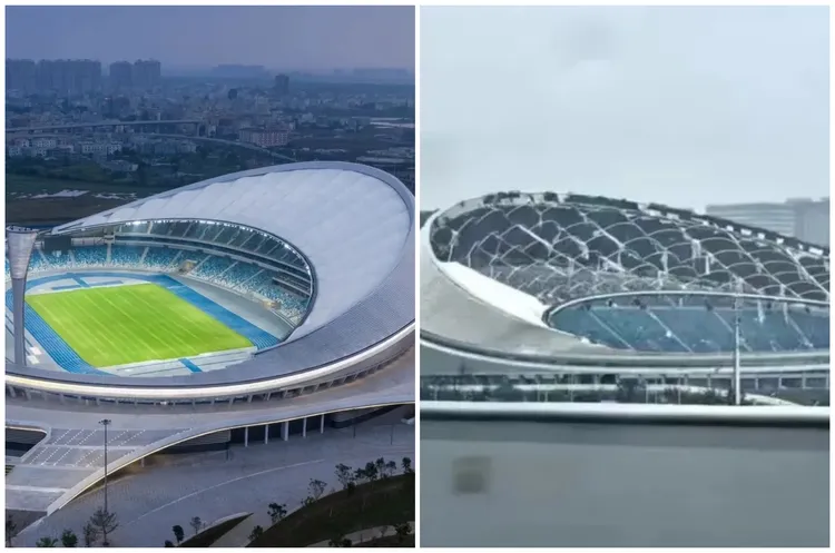 海口五源河體育場被颱風破壞的前後對照。翻攝Supreme情報網