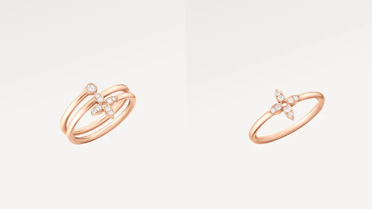 Idylle Blossom Multi螺旋形戒指（左圖）配玫瑰K金及鑽石，10萬1000元；Idylle Blossom戒指（右圖）配玫瑰K金及鑽石單環，5萬9500元。品牌提供