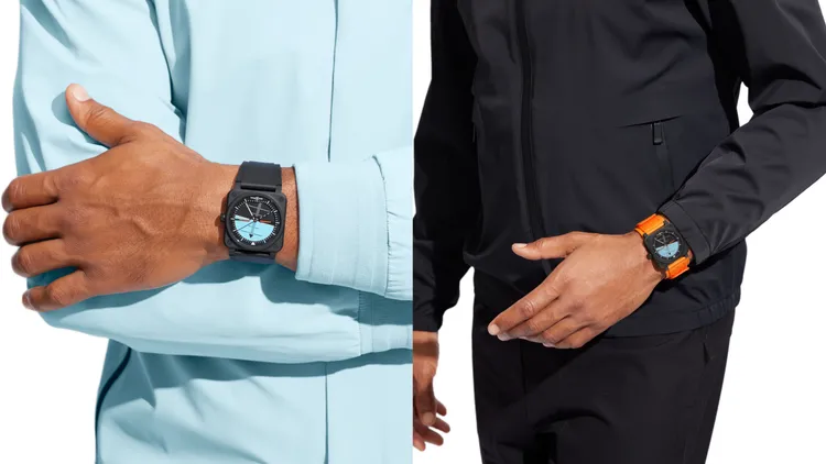 BELL &ROSS BR-03 Horizon飛行錶，41mm，微噴砂黑色陶瓷錶殼，藍色及黑色面盤，黑色橡膠/橘色合成織布錶帶，BR.CAL-327自動機械機芯，動力儲存54小時，防水深度100米，限量999只，15萬2000元。品牌提供
