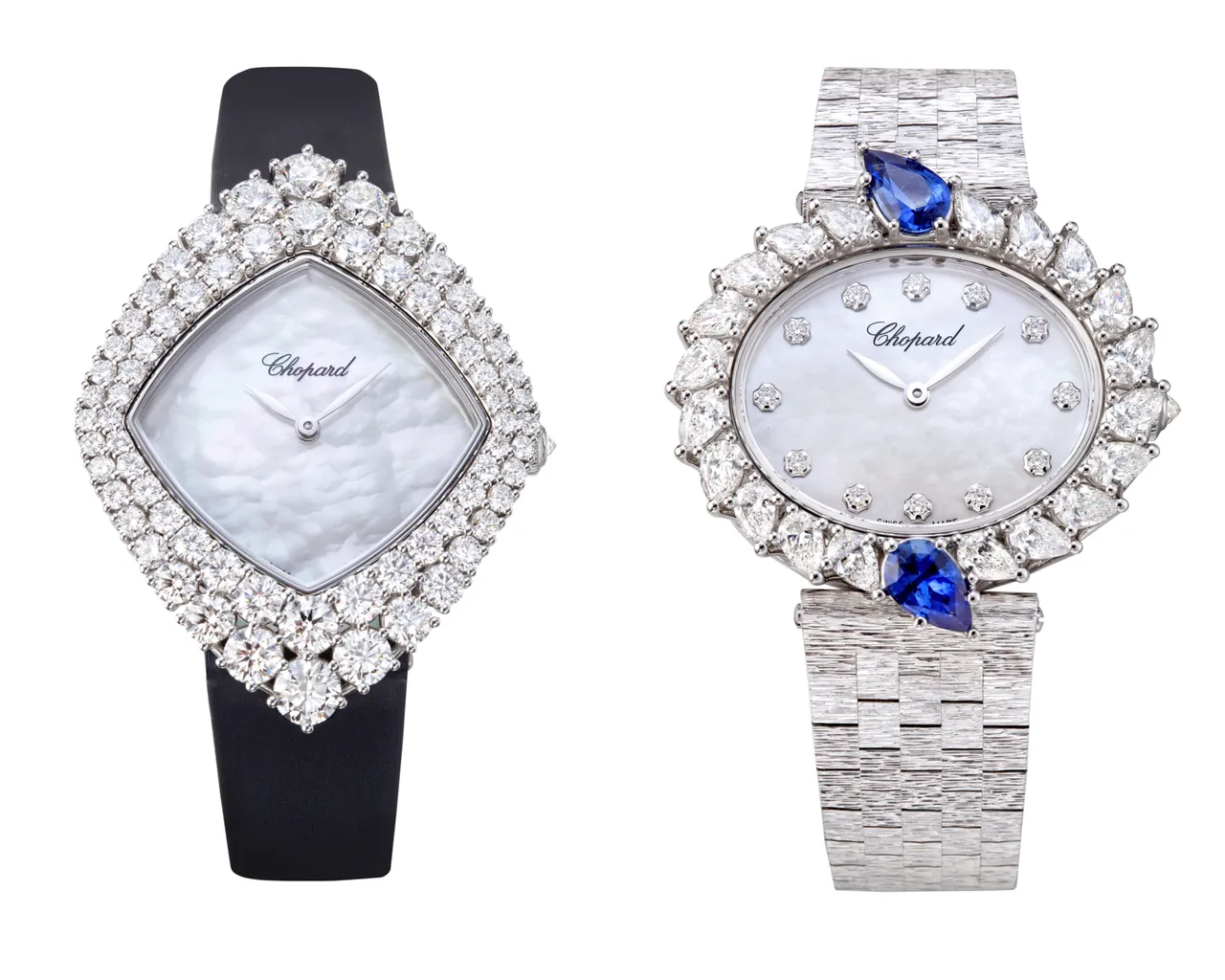 L’Heure du Diamant系列腕錶,(左圖)35*46mm,18K白金錶殼,珍珠母貝面盤,鑲嵌6.85克拉鑽石,鱷魚皮錶帶,Chopard 09.01-C機械自動上鍊機芯,動力儲存42小時,277萬9000元;(右圖)36*37mm,18K白金錶殼,珍珠母貝面盤,鑲嵌3.24克拉鑽石與2克拉藍寶石,18K白金鍊帶,Chopard 09.01-C機械自動上鍊機芯,動力儲存42小時,314萬8000元。品牌提供