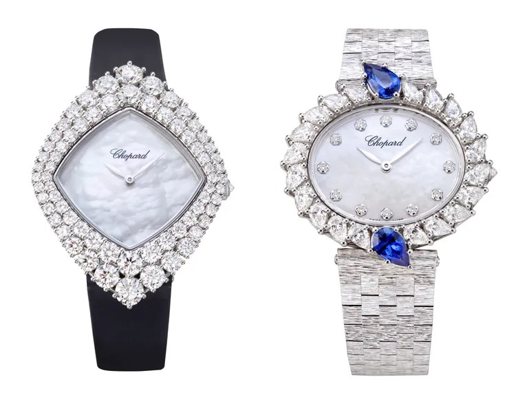 L’Heure du Diamant系列腕錶，（左圖）35*46mm，18K白金錶殼，珍珠母貝面盤，鑲嵌6.85克拉鑽石，鱷魚皮錶帶，Chopard 09.01-C機械自動上鍊機芯，動力儲存42小時，277萬9000元；（右圖）36*37mm，18K白金錶殼，珍珠母貝面盤，鑲嵌3.24克拉鑽石與2克拉藍寶石，18K白金鍊帶，Chopard 09.01-C機械自動上鍊機芯，動力儲存42小時，314萬8000元。品牌提供