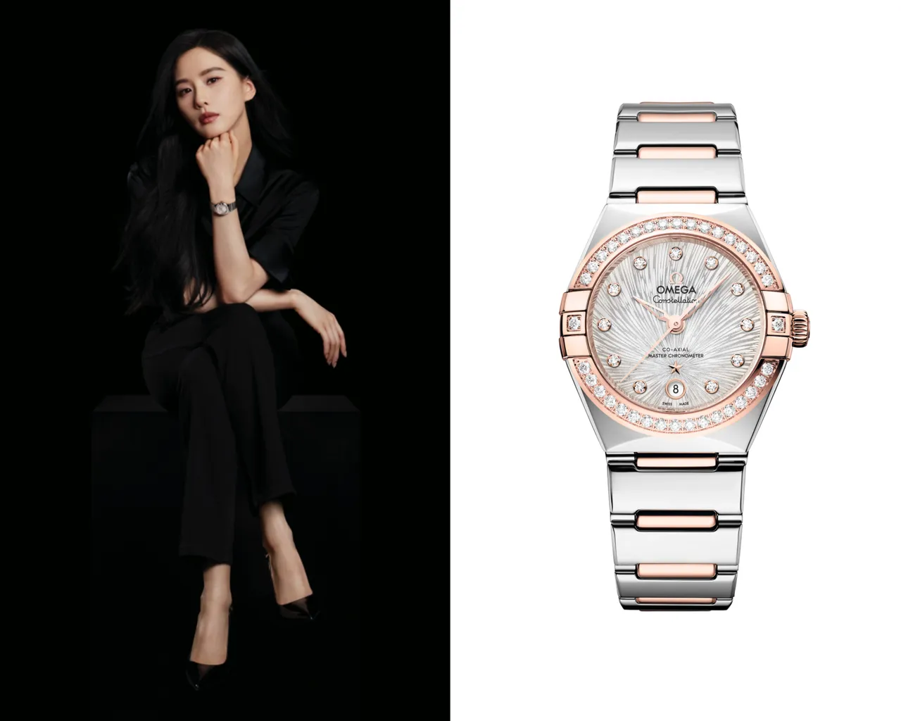 劉詩詩在廣告中配戴OMEGA星座系列29mm款腕錶,不鏽鋼Sedna金錶殼搭配不鏽鋼Sedna金錶鍊,50萬2000元。