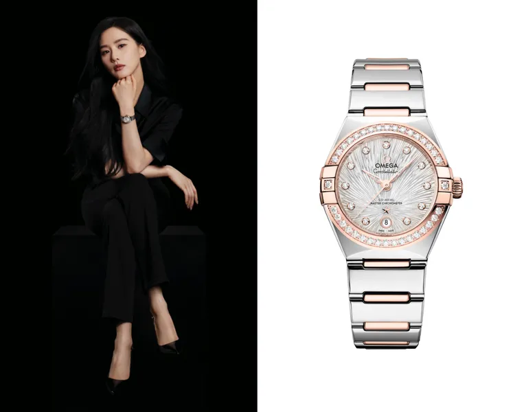 劉詩詩在廣告中配戴OMEGA星座系列29mm款腕錶，不鏽鋼Sedna金錶殼搭配不鏽鋼Sedna金錶鍊，50萬2000元。