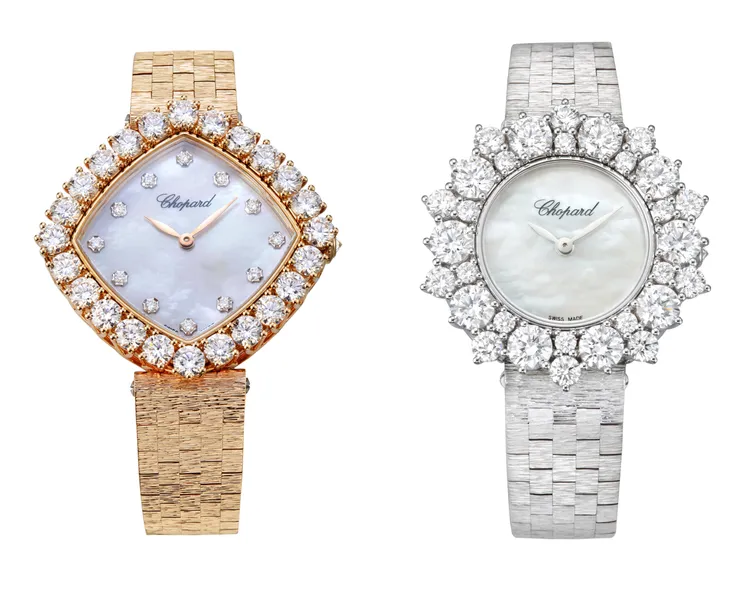 L’Heure du Diamant系列18K玫瑰金腕錶（左圖）36mm，點鑽珍珠母貝面盤，18K金鍊袋，鑲嵌4.53克拉鑽石，Chopard 09.01-C型機械自動上鍊機芯，動力儲存42小時，293萬8000元；18K白金腕錶（右圖）30mm，珍珠母貝面盤，鑲嵌4.61克拉鑽石，18K白金鍊帶，石英機芯，266萬5000元。品牌提供