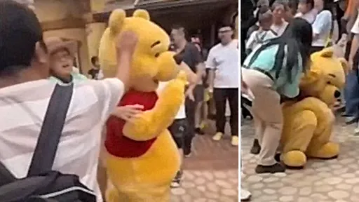 殴打小熊维尼片|迪士尼乐园玩偶游行 游客一掌必杀当场倒地