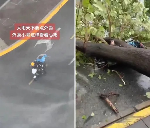 驚險影片!貝碧佳強襲「搏命送餐」 外送員險遭狂風暴雨捲走