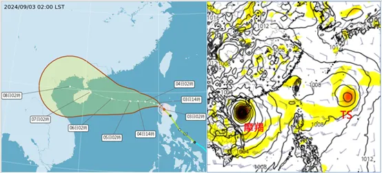 今(3日)晨2時中央氣象署「路徑潛勢預測圖」(左圖)顯示，第11號輕颱「摩羯」，在呂宋島北端轉向偏西、進入南海後、逐漸增強、撲向海南島。最新(2日20時)歐洲模式(ECMWF)模擬顯示，週五(6日)20時在台灣東方、日本南方海域另有颱風生成(右圖)。(右圖擷自tropicaltidbits)氣象應用推廣基金會