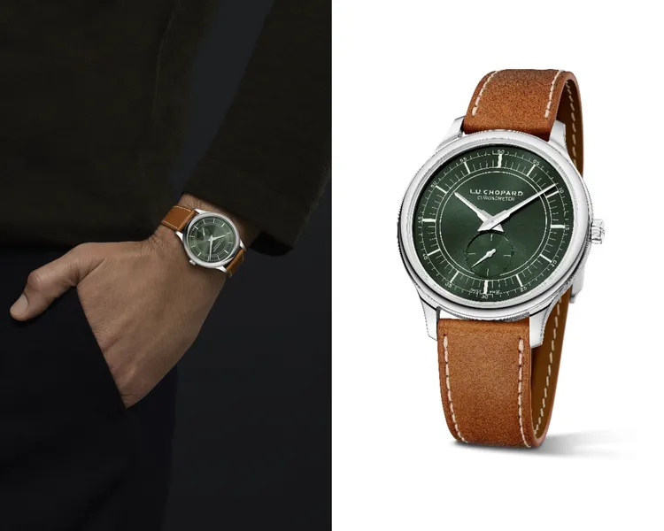 蕭邦L.U.C XPS Forest Green腕錶，40mm，Lucent Steel精鋼錶殼，緞面打磨太陽紋飾面森林綠色黃銅錶盤，棕色手工縫製小牛皮錶帶，L.U.C 96.12-L自動上鍊機械機芯，動力儲存65小時，防水深度30米。品牌提供