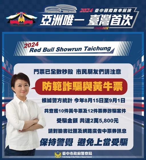 Red Bull Showrun在台中3萬票秒殺 中警逮網路詐騙、黃牛票 籲民眾小心別上當