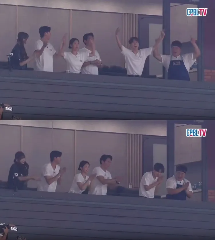 球場人員播放《Sorry,Sorry》，利特（右二）大方熱舞，韓國主廚李元日（右）、許念慈（左起）、江宏傑、Judy、温昇豪也跳起搓手舞。翻攝CPBLTV