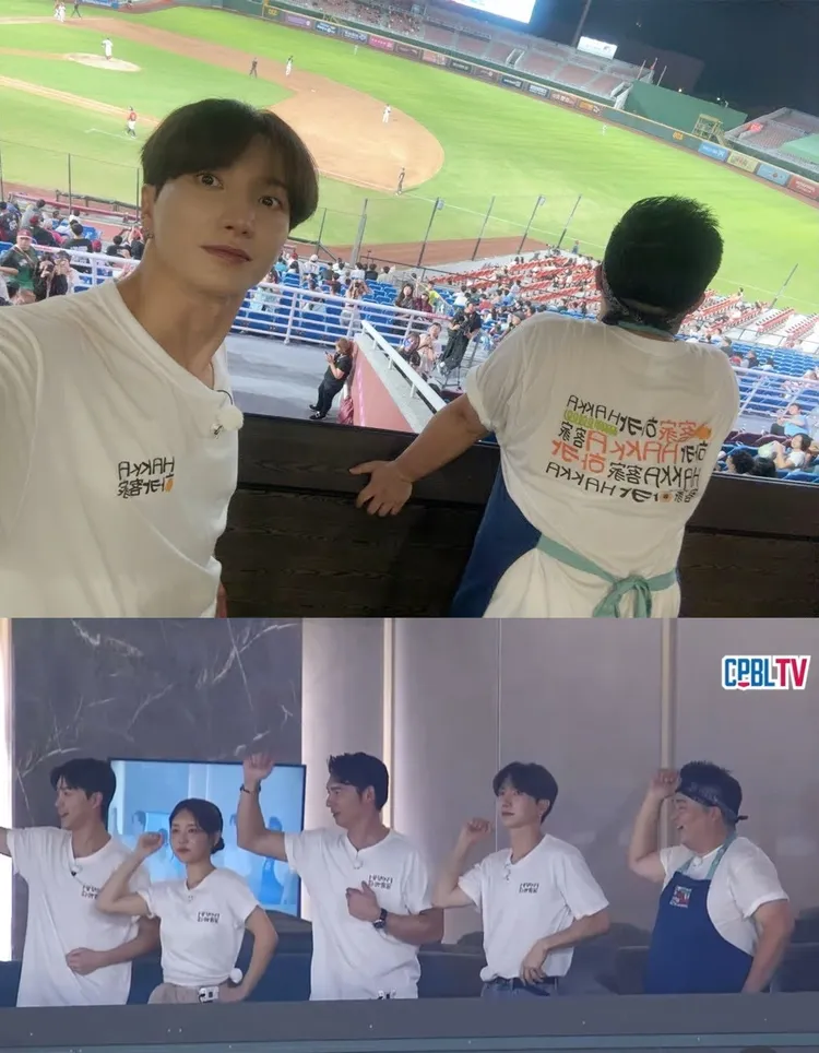 利特昨天與《廚師的迫降：客家廚房》班底到桃園球場，跟著跳樂天的應援曲。翻攝利特YouTube、CPBLTV