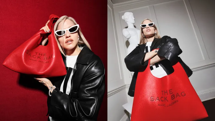 Gabbriette以黑色皮外套搭配THE SACK BAG相當率性。品牌提供