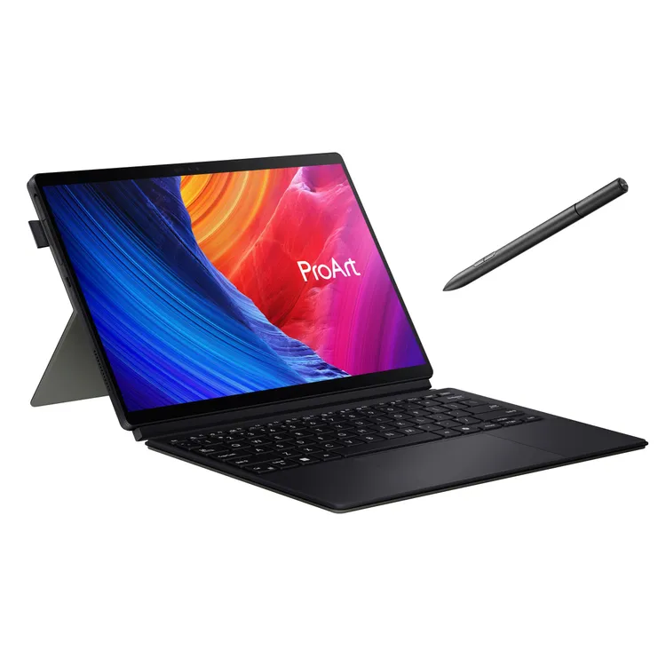 ASUS ProArt PZ13擁有0.85kg／9mm超輕薄機身，隨附觸控筆、可拆式鍵盤、支架保護套。華碩提供