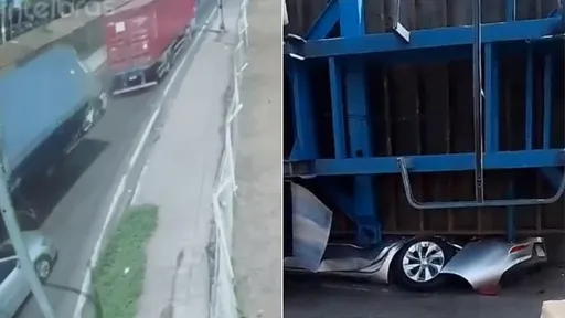 驚悚影片｜貨櫃行進間砸下來　小轎連人帶車「被壓扁」