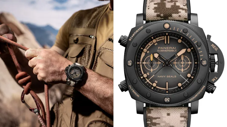 沛納海Submersible Navy SEALs系列腕錶（PAM01521），47mm，鈦金屬DLC錶殼，黑色至煤灰漸變效果錶盤，橡膠與Camo AOR1迷彩圖騰織物錶帶，P.9100/R自動上鍊機械機芯，動力儲存3日，防水深度500米，限量80只。品牌提供
