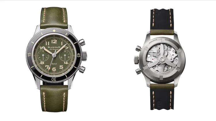 寶鉑Air Command飛返計時碼錶，36.2mm，磨砂緞面鈦金屬錶殼，陽光射線飾紋迷彩綠錶盤，小牛皮錶帶，F188B型自動上鍊機芯，動力儲存40小時，防水深度30米，限量100只，針扣款64萬元、摺疊扣款66萬1000元。品牌提供
