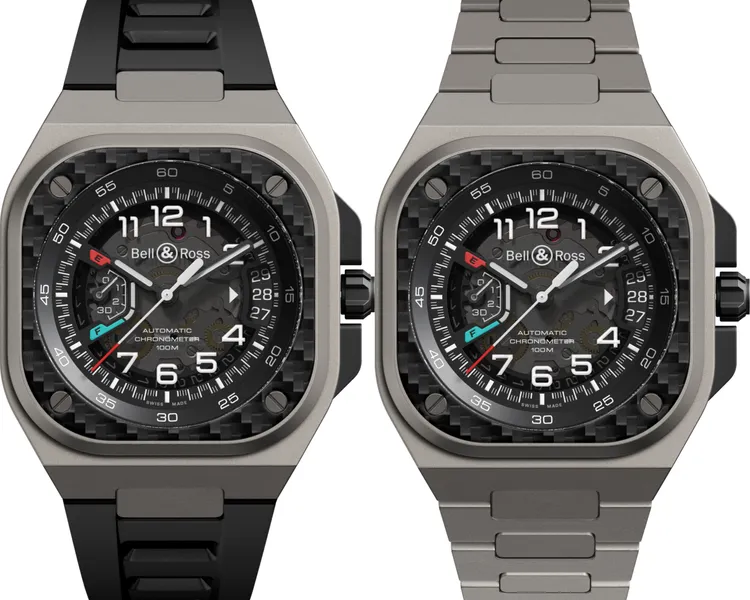 BELL & ROSS BR-X5 Racing腕錶，41mm，碳纖維和鈦金屬錶殼，煙燻效果錶盤，鈦金屬或黑色橡膠錶帶，BR-CAL.323自動上鍊機械機芯，動力儲存70小時，防水深度100米，橡膠錶帶款37萬、鈦金屬鍊帶款40萬3000元。品牌提供
