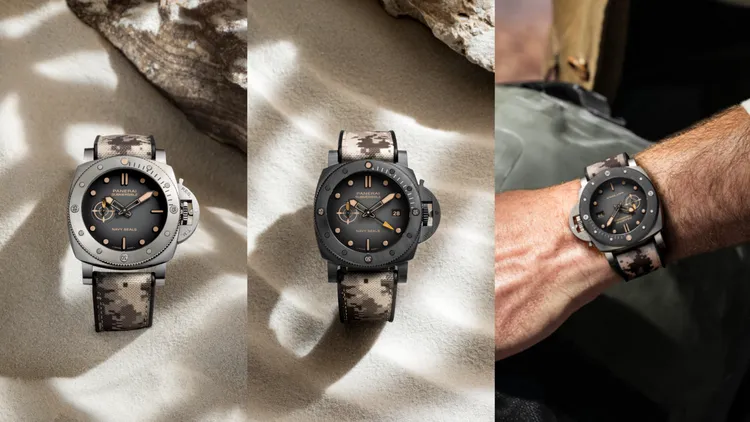 沛納海Submersible Navy SEALs系列腕錶（左起，PAM01518/PAM01513/PAM01669），44/44/47mm，磨砂AISI 316L精鋼/Carbotech/磨砂鈦金屬錶殼，黑色至煤灰漸變效果錶盤，橡膠與Camo AOR1迷彩圖騰織物錶帶，P.900自動上鍊機械機芯/P.900 GMT自動上鍊機械機芯/P.9010自動上鍊機械機芯，動力儲存3日，防水深度300/500/300米。品牌提供
