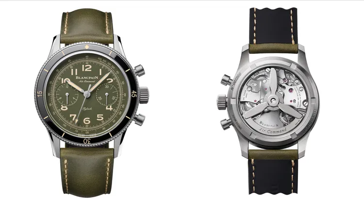 寶珀Air Command飛返計時碼錶，42.5mm，磨砂緞面鈦金屬錶殼，陽光射線飾紋迷彩綠錶盤，小牛皮錶帶，F388B型自動上鍊機芯，動力儲存50小時，防水深度30米，限量200只，針扣款70萬3000元、摺疊扣款70萬3000元。品牌提供