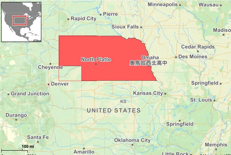 奧馬哈西北高中位於美國內布拉斯加州東邊。自製地圖