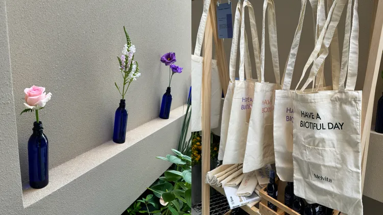 蜜葳特以花粹藍瓶作為裝飾，購買無二限定花粹美肌組可獲得法式環保購物花袋。張家玲攝