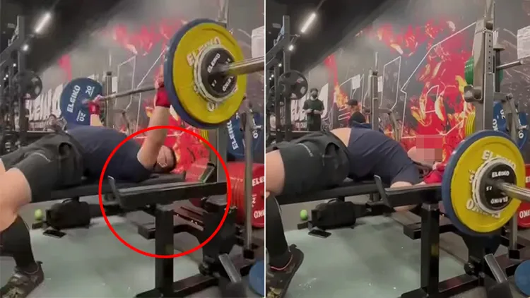 被壓頸會員使用的臥推床也有護槓（紅圈處），但他並未使用。翻攝自「噁名昭彰」臉書