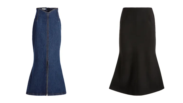Bally丹寧魚尾裙（左）1萬9600元、Bally羊毛混紡魚尾裙（右）3萬2200元。品牌提供