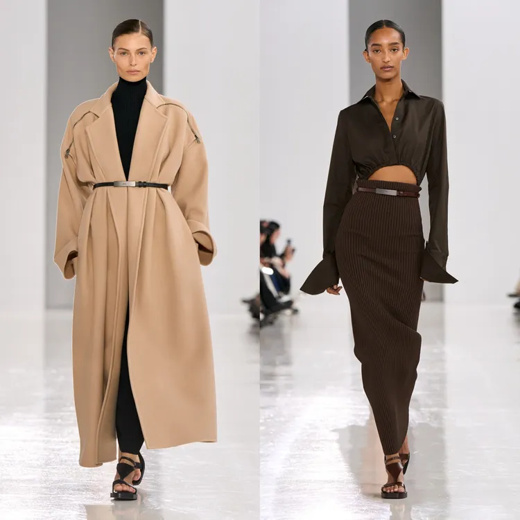 上衣下擺剪裁與落肩設計呈現出弧形線條。品牌提供