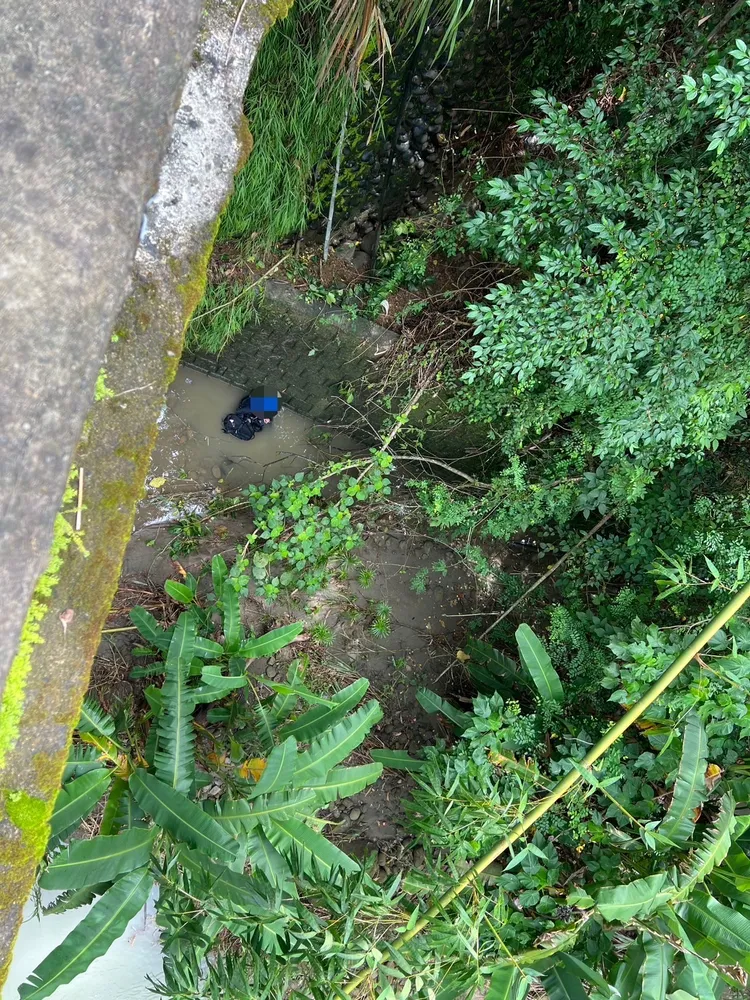 紅牌大型重機跌落嘉義縣大埔鄉四維橋路段。翻攝畫面