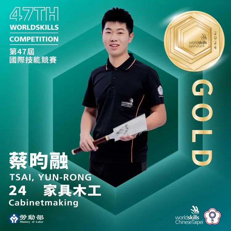 台灣「家具木工」職類國手蔡昀融勇奪金牌。勞動部提供