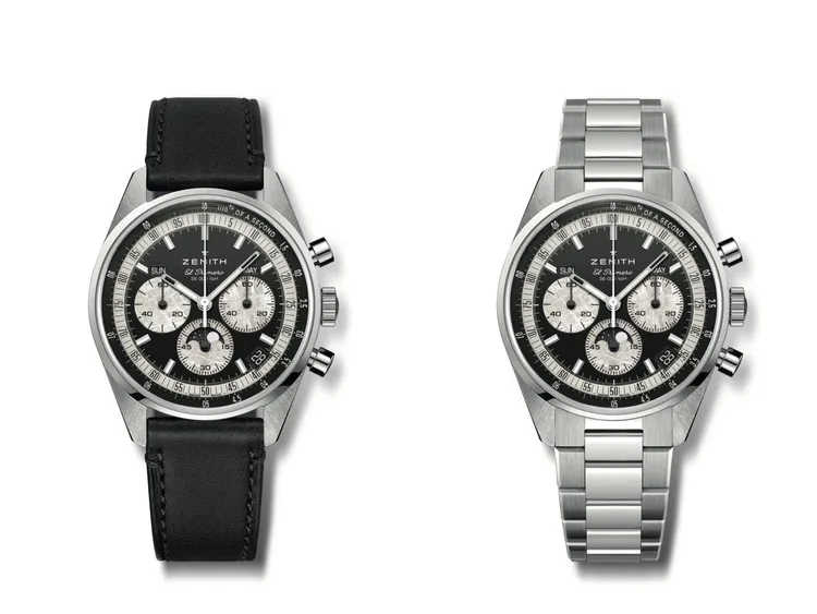 ZENITH Chronomaster Original全日曆月相計時腕錶Hodinkee限量版，38mm，精細磨砂和拋光精鋼錶殼，黑色錶盤配隕石小錶盤，黑色小牛皮錶帶配針扣/精鋼錶鍊配摺疊式錶扣，El Primero導柱輪自動計時機芯，動力儲存60小時，防水深度50米，49萬1400元。品牌提供