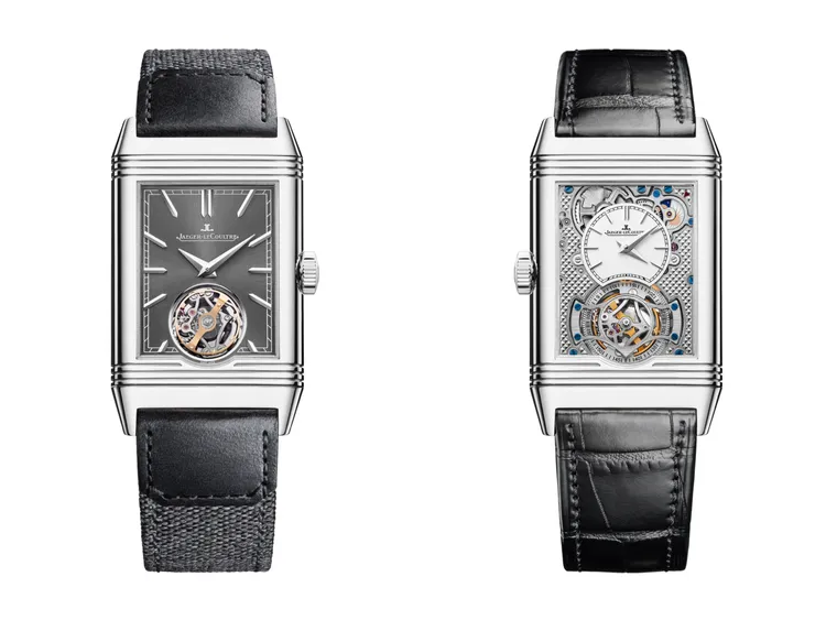 積家Reverso Tribute Duoface Tourbillon翻轉系列雙面雙時區陀飛輪腕錶，45.5*27.4mm，精鋼錶殼，正面灰色太陽放射狀飾紋錶盤，背面銀色太陽放射狀「巴黎鉚釘」扭索飾紋錶盤，黑色鱷魚皮/灰色Fagliano 小牛皮錶帶，積家847 型手動上鍊機械機芯，動力儲存38小時，防水深度30米。品牌提供
