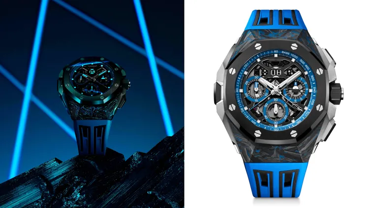 AP皇家橡樹概念系列雙追針GMT大日期計時碼錶，43mm，CFT碳錶殼，黑色PVD圖層鎳鏤空錶面，藍色及黑色橡膠錶帶，4407自動上鍊機芯，動力儲存70小時，防水深度50米。品牌提供
