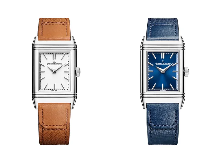 積家Reverso Tribute Monoface翻轉系列腕錶，40.1*24.4mm，精鋼錶殼，銀灰色乳白/藍色太陽放射狀飾紋漆面錶盤，金棕色小牛皮/藍色小牛皮錶帶，積家822型手動上鍊機械機芯，動力儲存42小時，防水深度30米。品牌提