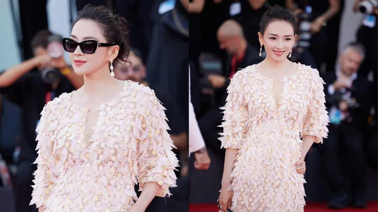 章子怡換上CHANEL訂製的羽毛裝相當仙氣。翻攝章子怡工作室微博