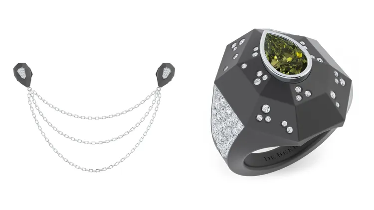 Fortitude鍊式領針（左）65萬5000元、鑽石圖章戒指（右）392萬元。品牌提供
