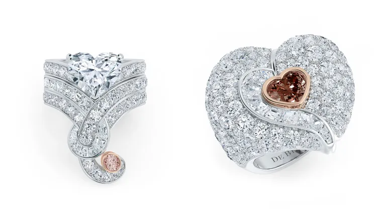 Tenderness鑽石皇冠式戒指（左）755萬元、鑽石雞尾酒戒指（右）755萬元。品牌提供
