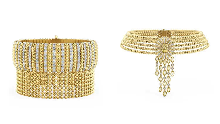 Protection鑽石手環（左）458萬元、鑽石項鍊&胸針（右）1800萬元。品牌提供
