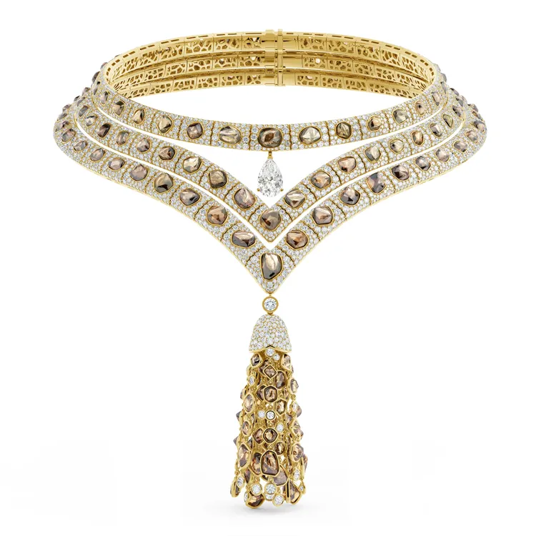 林熙蕾佩戴的Dignity鑽石流蘇項鍊，鑽石總重146.08克拉，1800萬元。品牌提供
