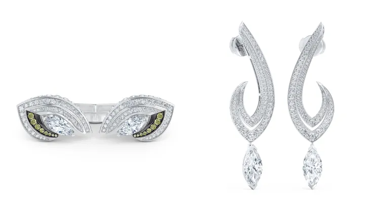 Magnetism鑽石嵌套式戒指（左）327萬元、鑽石垂墜式耳環（右）540萬元。品牌提供
