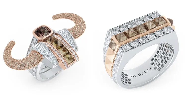 Stablity鑽石皇冠式戒指（左）490萬元、鑽石戒指（右）98萬元。品牌提供
