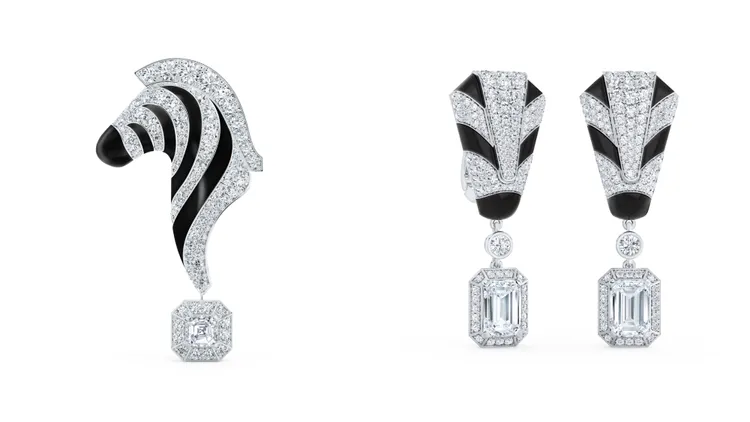 Individuality鑽石胸針（左）311萬元、鑽石垂墜耳環（右）590萬元。品牌提供
